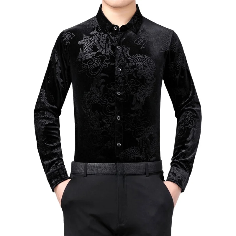 Men'S Style Formal Wear - Erkek Uzun Kollu Gömlek Çin Ejderha