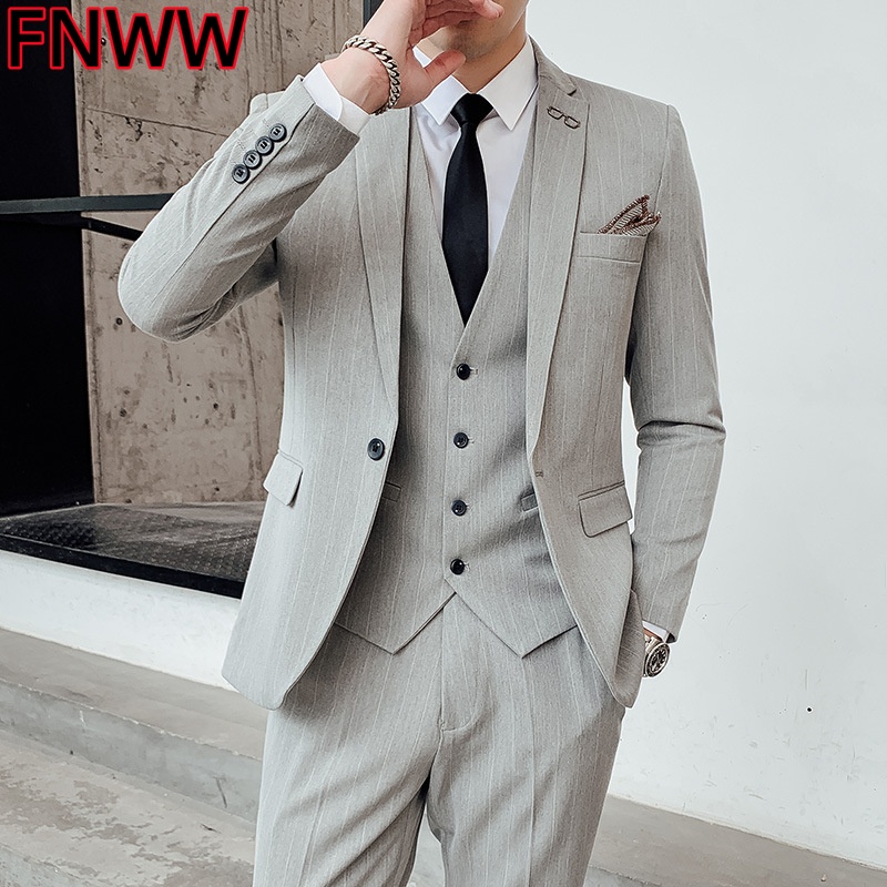 Men'S Urban Formal Wear - Erkek Kore Tarzı Üç Parçalı Ekose