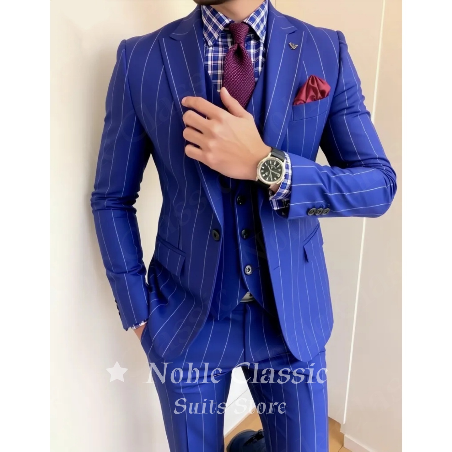 Men Formal Wear Wedding Guest - Erkekler Mavi İnce Çizgili 3 Parça
