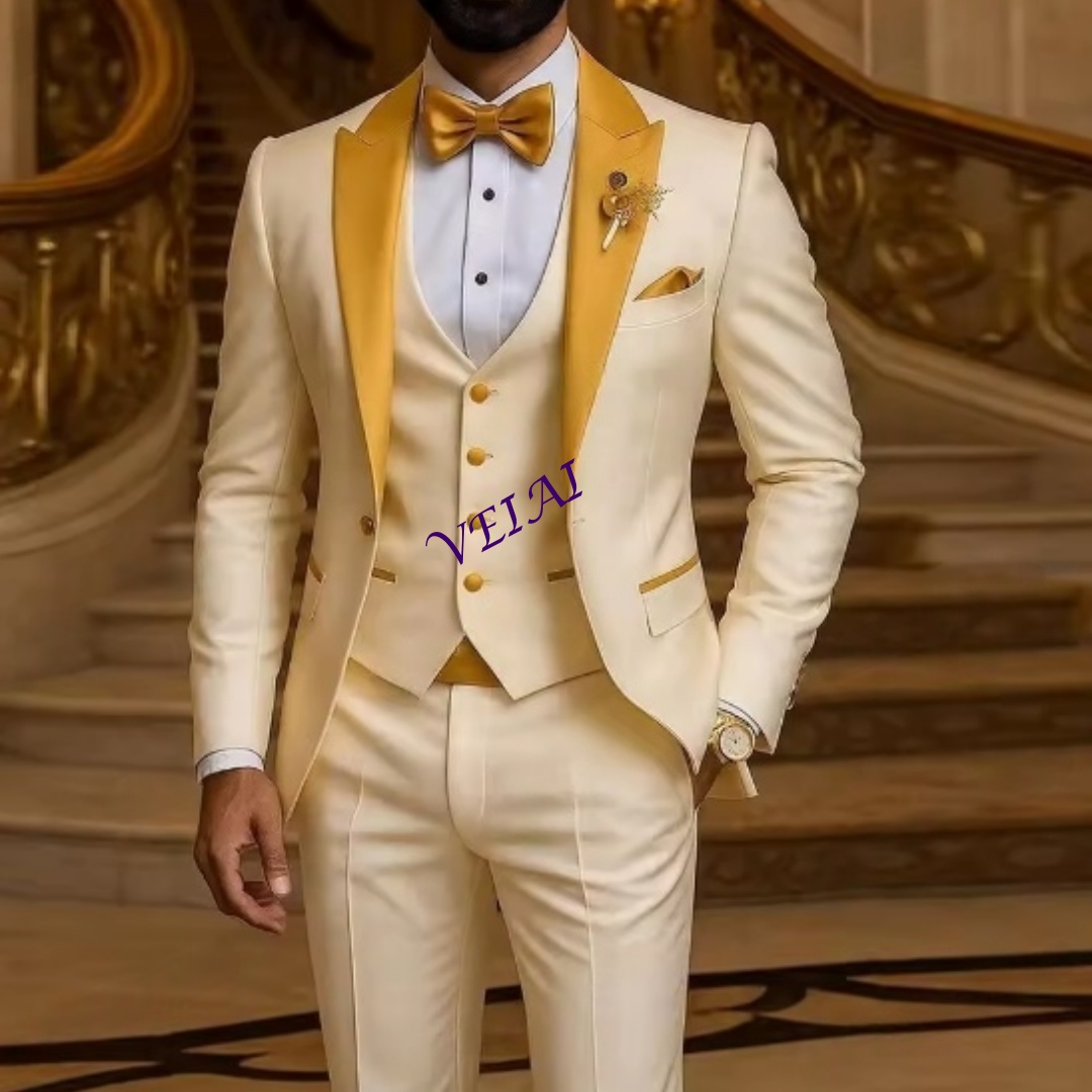 Men Formal Wear Vest - Özel Tasarım Altın Yaka Fildişi Erkek