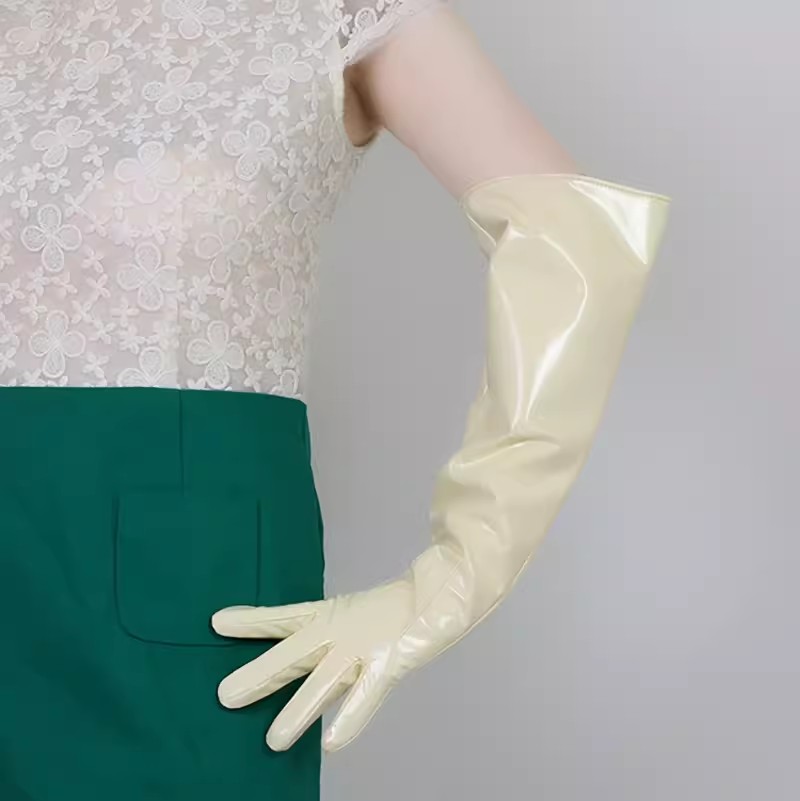 Formal Glove Leather - Kadın Podyum Modası Patentli Bej PU