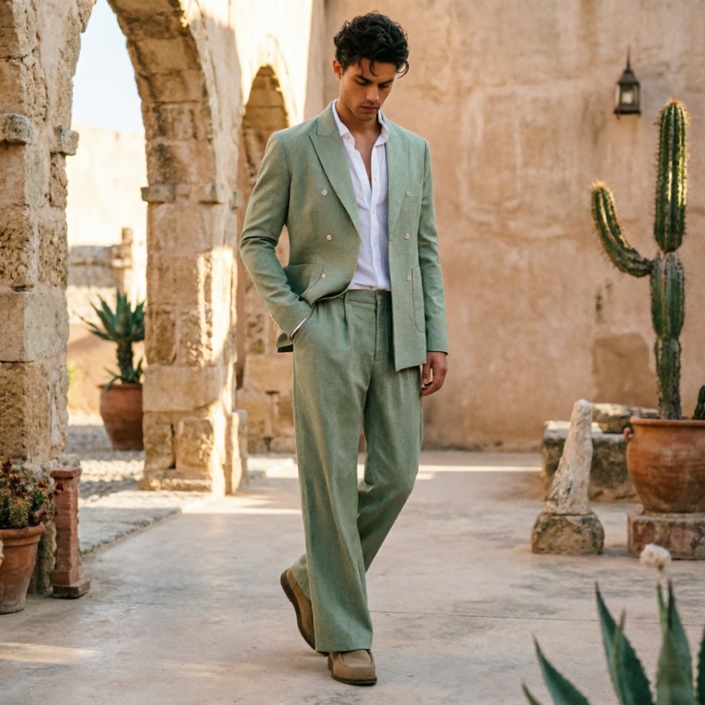 Men Formal Wear Wedding Guest - Adaçayı Yeşili Keten Erkek Takımları Rahat