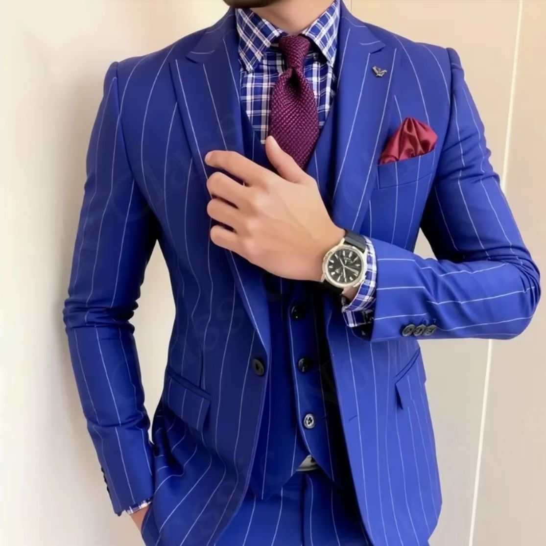 Erkekler Mavi İnce Çizgili 3 P - Men Formal Wear Wedding Guest incelemesi ve fiyatı